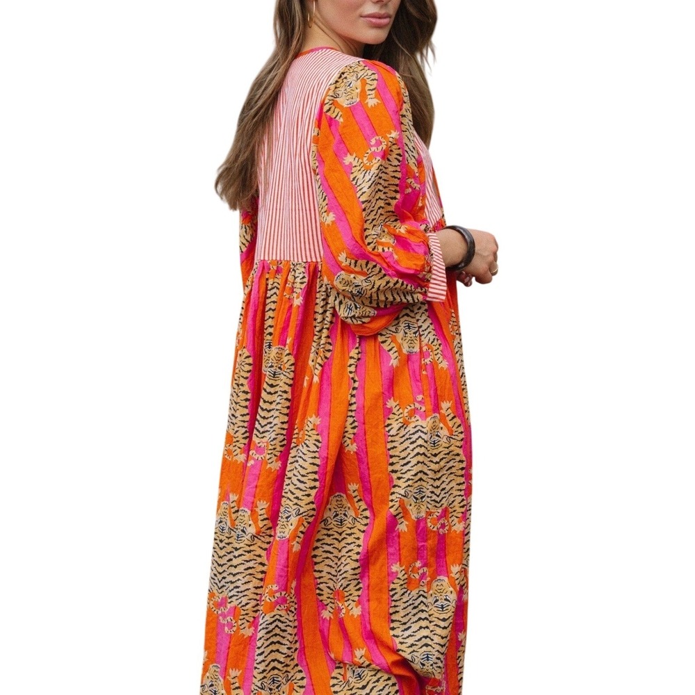 House of Sundar XXL Midi Dress Orange Tiger Hand Block Print Cotton Boho - Picture 2 of 6